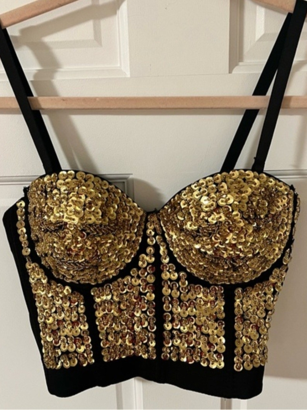 Black Sequin Bustier Crop Top - Gold Embellished